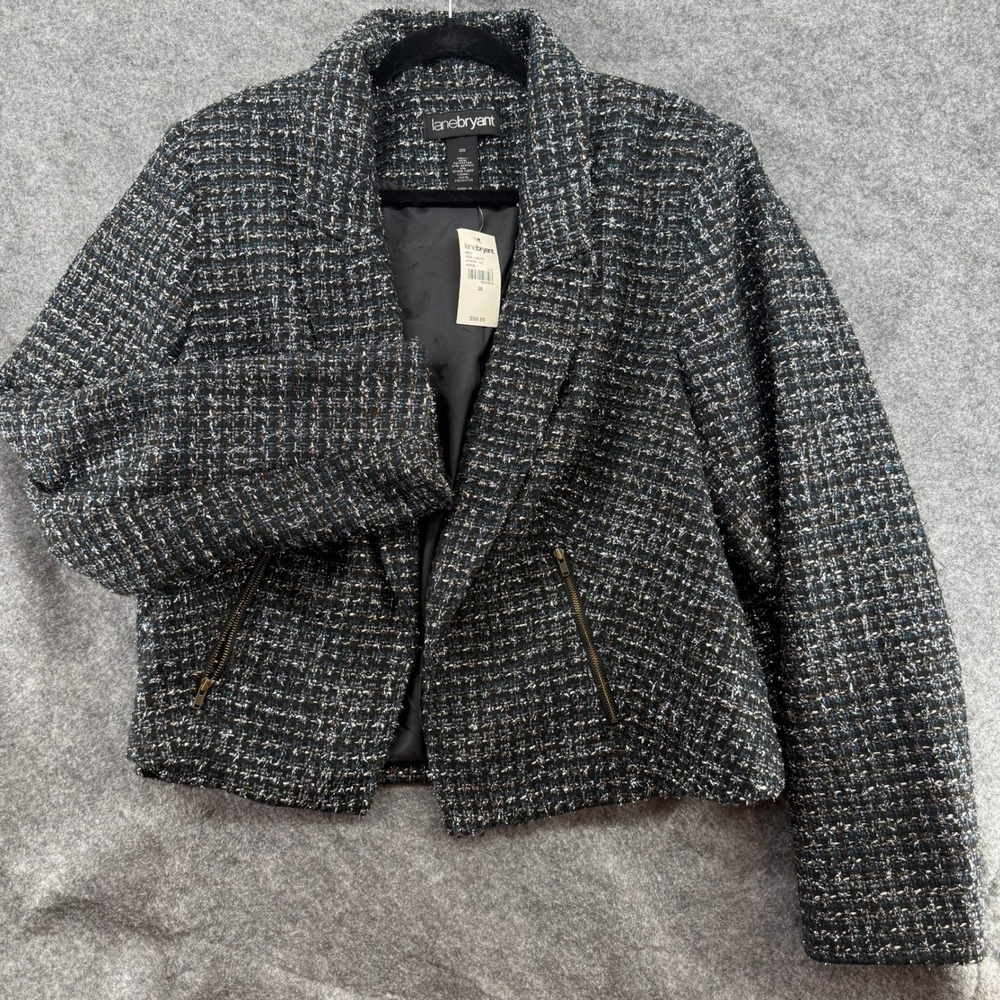 Lane Bryant Blazer Womens 20 Black Blue‎ Tweed Open Front Zipper Pockets New